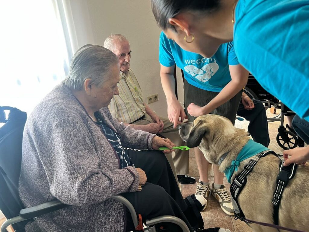 Residente ofreciendo un premio a un perro de terapia durante una intervención asistida con perros