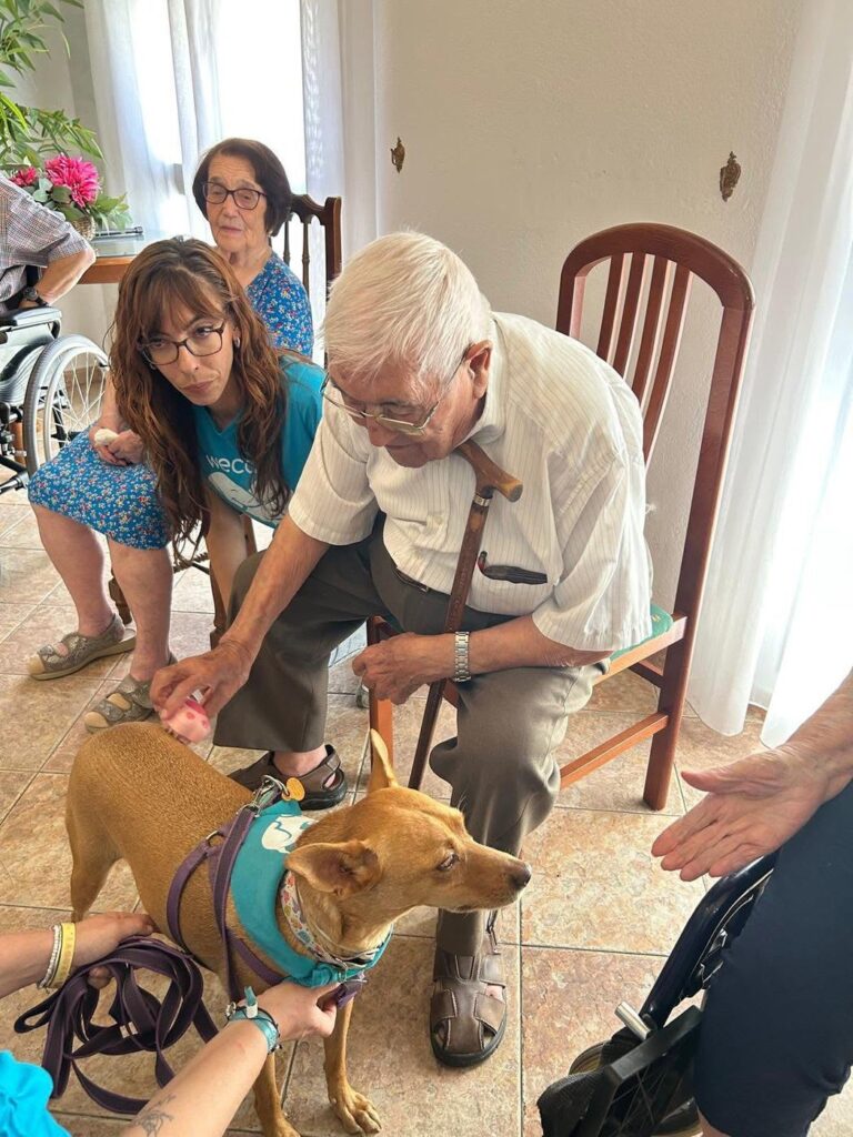Residente con bastón acariciando a un perro de terapia
